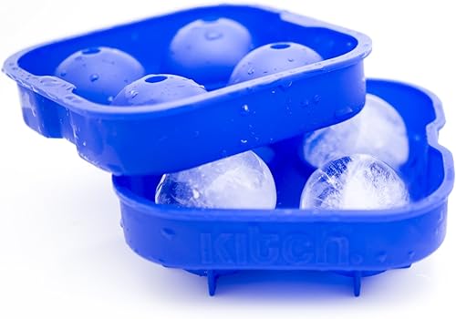 Molde para hacer bolas de hielo, bandeja de hielo flexible de silicona, moldes de 4 esferas redondas de bolas de hielo de 1.8 in, color azul cobalto