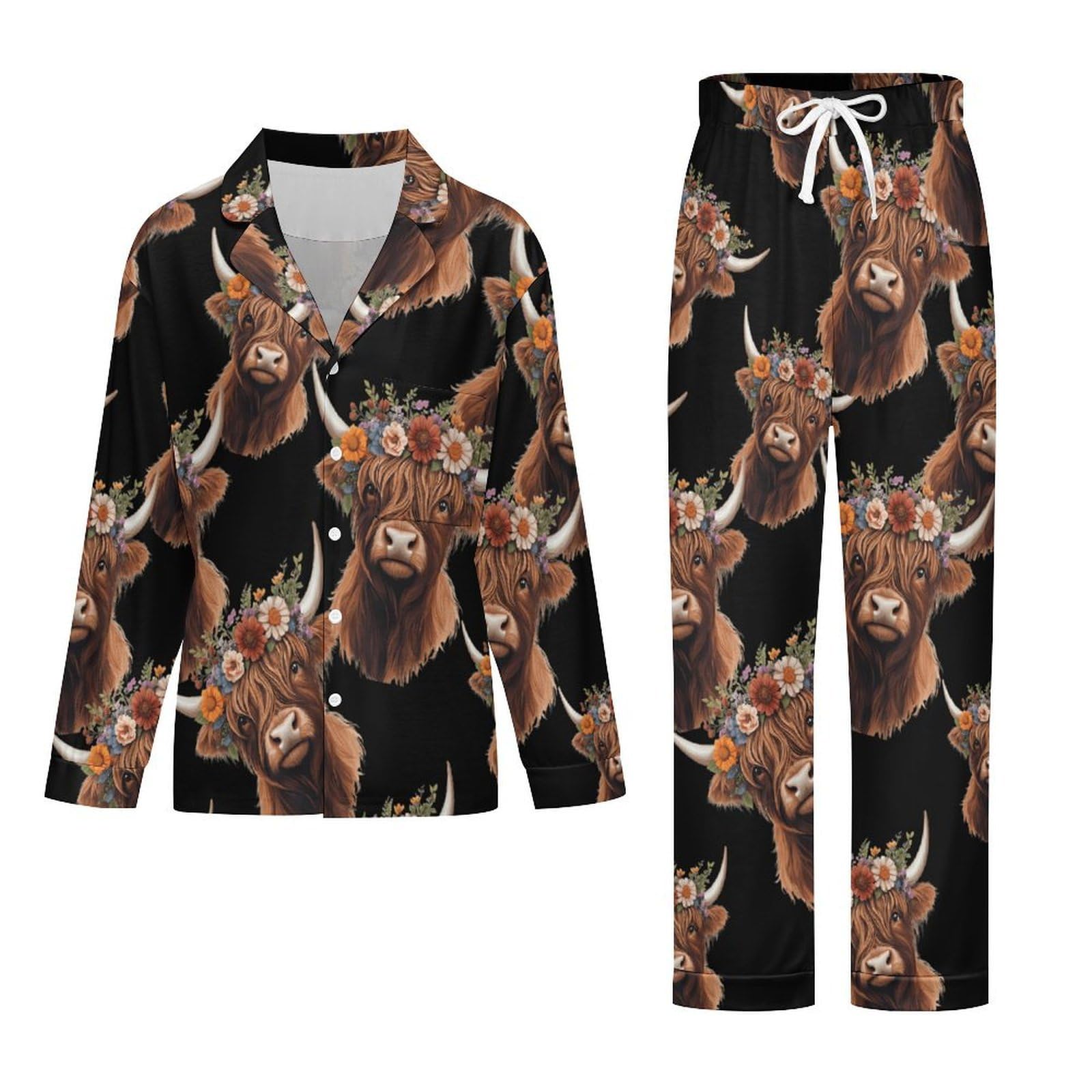 Conjunto de pijama para mujer, diseño de vaca de las Tierras Altas con flores, de manga larga, con botones, ropa de descanso, ropa de dormir