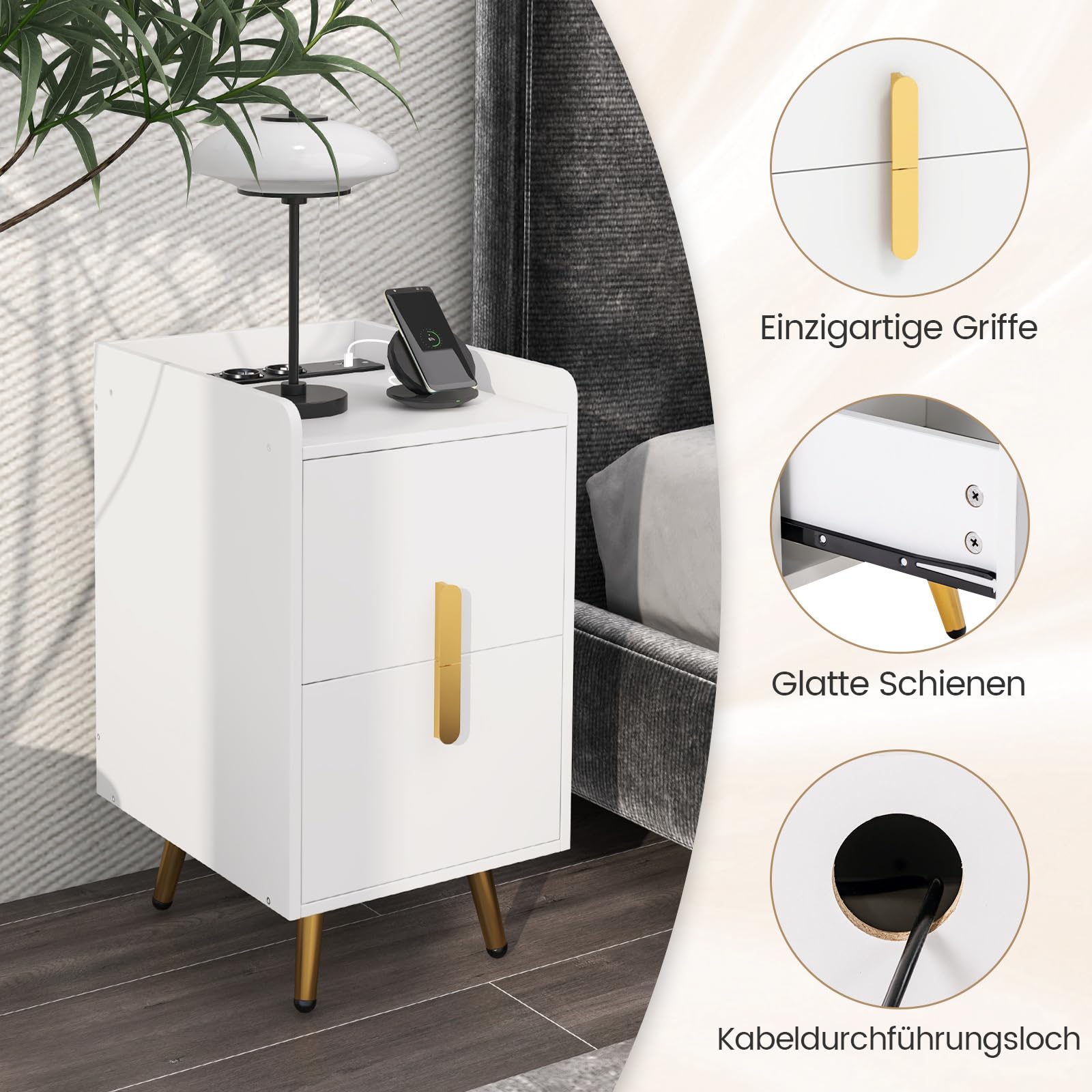 COSTWAY Set van 2 nachtkastjes met laadstation, smal nachtkastje met 2 laden en USB-poorten, bijzettafel met metalen poten, nachtkastje voor slaapkamer en woonkamer, 32 x 40 x 60 cm (wit