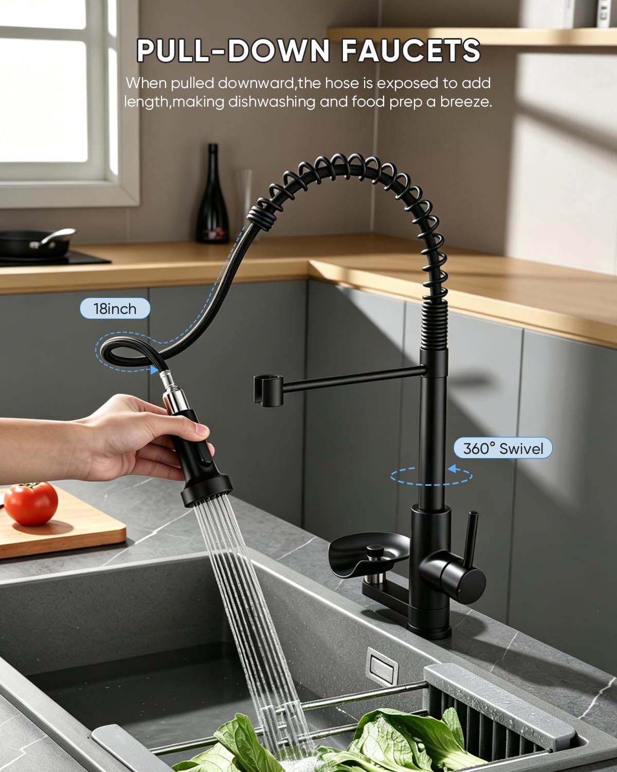 OWOFAN Kitchen Faucet with Cup Washer Pull Down Sprayer Stainless Steel Kitchen Sink Faucet with Deck Plate Glass Rinser Single Hole Black