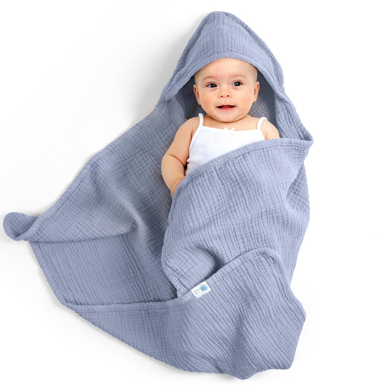 lulumoon Baby Handtuch Kapuze für Badezimmer: Kapuzenhandtuch aus Musselin Baumwolle 75x76cm - Oeko-Tex, extra weich saugfähig für Wärme nach Baden Eincremen - für Babys 0-18 Monate (Blau)