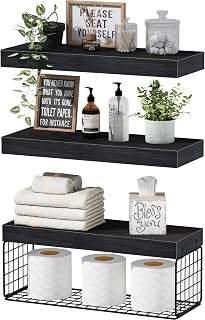 QEEIG Over Toilet Bathroom Shelves Set of 3 - Wall Mounted Floating Storage for Toilet Paper, Towels & Farmhouse Decor, 16 Inch Black