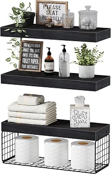 QEEIG Bathroom Shelves Over Toilet - Wall Mounted Floating Shelves Toilet Paper Storage Small Farmhouse Decor Shelf 16 inch Set of 3, Black 019-B3