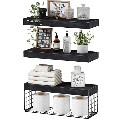 QEEIG Bathroom Shelves Over Toilet - Wall Mounted Floating Shelves Toilet Paper Storage Small Farmhouse Decor Shelf 16 inch Set of 3, Black (019-B3) - 3pcs - C. Black