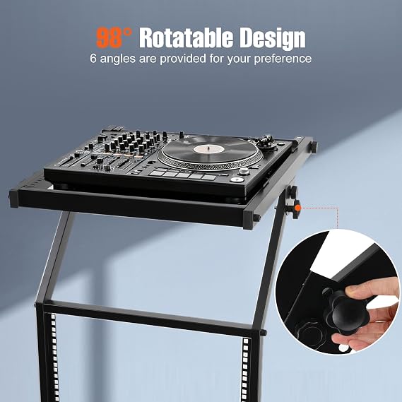 12U Mixer Rack Stand – Adjustable Height DJ Stand, Mobile DJ Table & DJ Controller Stand for Studio, Stage & Home Setup, 2-Tier Audio Equipment Rack with Lockable Wheels, Max Load 100kg, Black