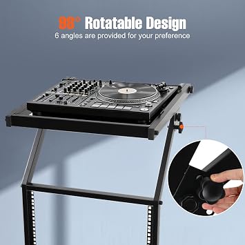 12U Mixer Rack Stand – Adjustable Height DJ Stand, Mobile DJ Table & DJ Controller Stand for Studio, Stage & Home Setup, 2-Tier Audio Equipment Rack with Lockable Wheels, Max Load 100kg, Black