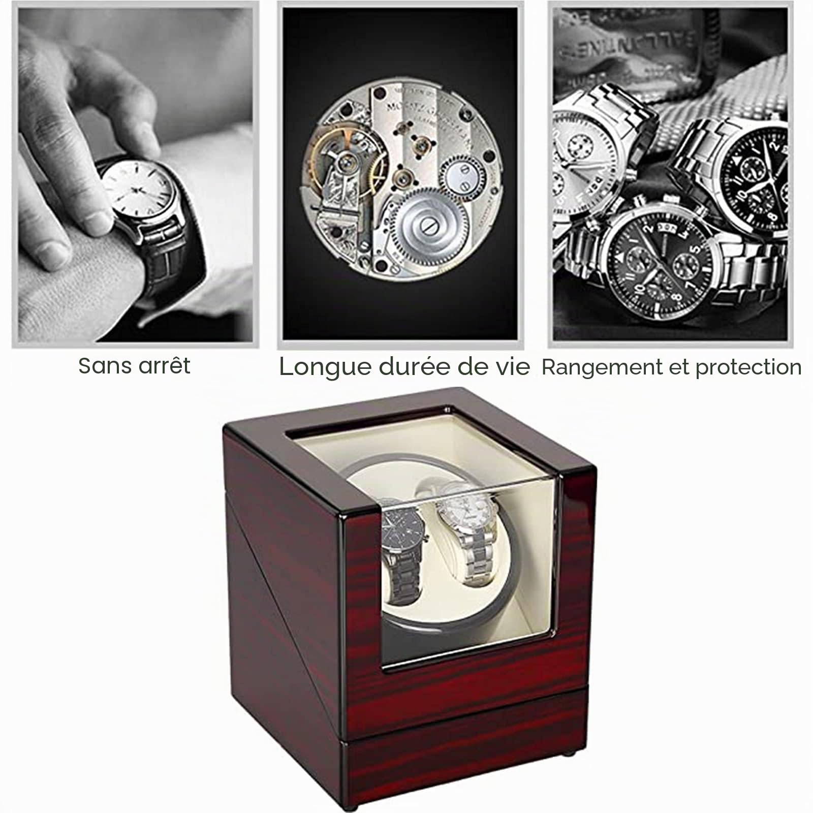 Uten Remontoir à Montres Ecrins pour Montres Automatiques Boîte de Rangement Tourne Montre en Bois Silencieux pour 2 Montres Homme Femme