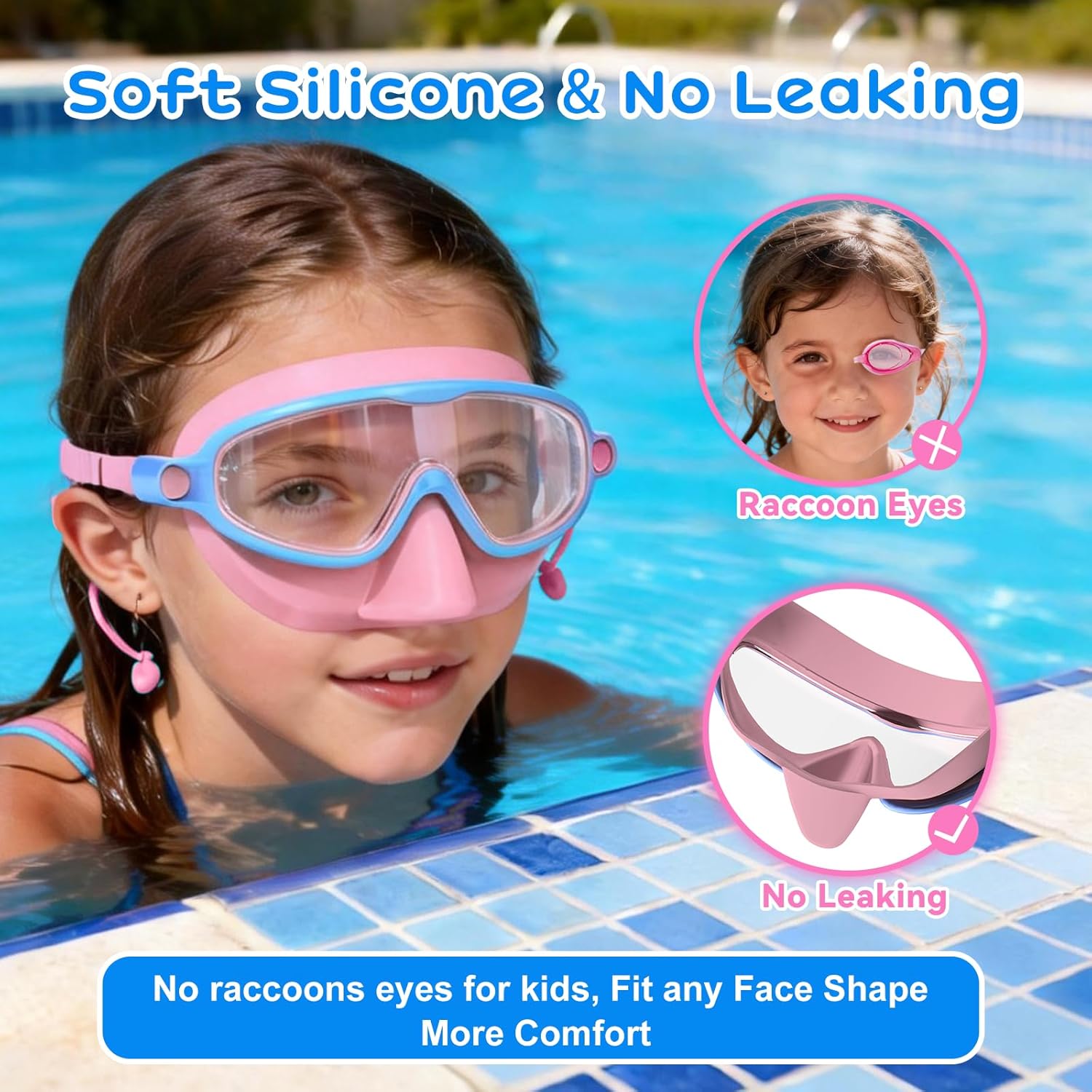 Kids Swim Goggles with Nose Cover for 3-12, 2 Pack Anti Fog/UV Swimming Goggles Mask for Boys Girls Toddler