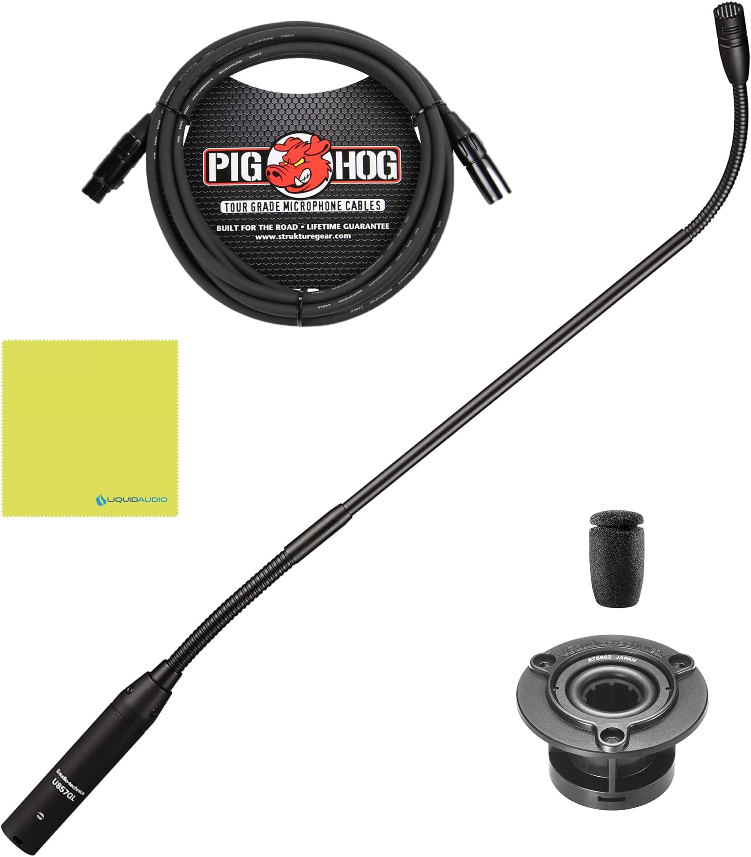 Audio Technica U857QL Cardioid Condenser Quick-Mount Gooseneck Microphone Bundle w/Pig Hog PHM10 8mm XLR Mic Cable Polishing Cloth