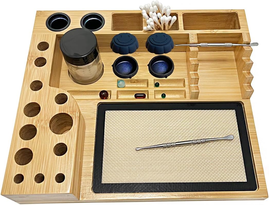 Bamboo Desk Organizer,Carving Tool Organizer with Non-sticky Mat and Silicone Container (28 x 24 x 4.5cm)