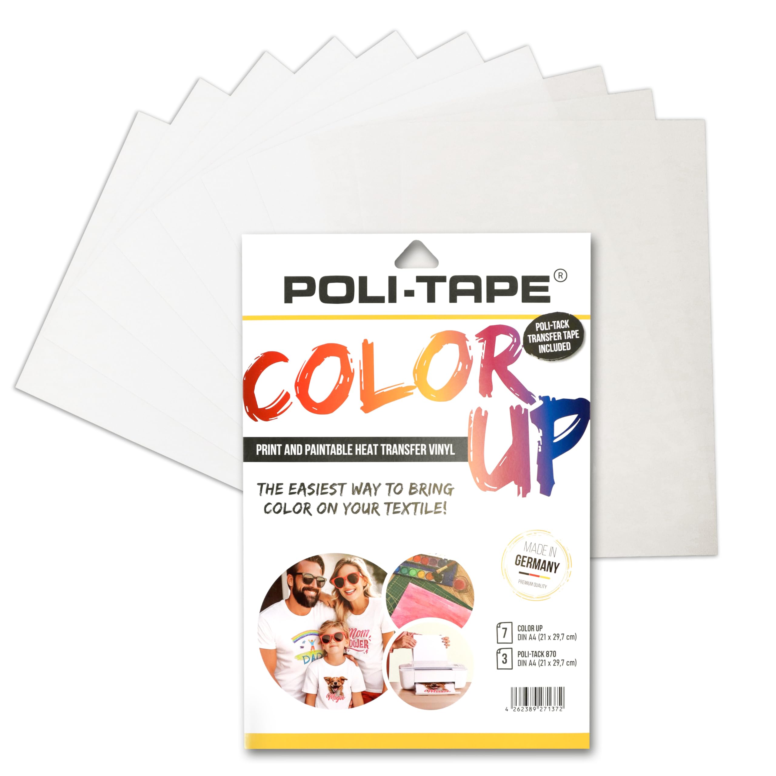 Poli-flex® colour up – paintable and printable transfer film for textiles, bundle pack: 7 x colour up and 3 x transfer films in A4 format