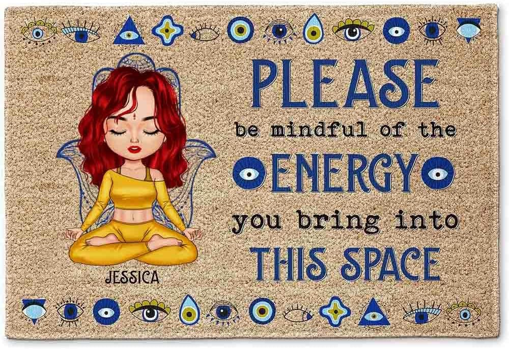 Tapete personalizado con texto en inglés Please Be Mindful of the Energy You Bring Into This Space, tapete de yoga para cumpleaños, regalo amoroso