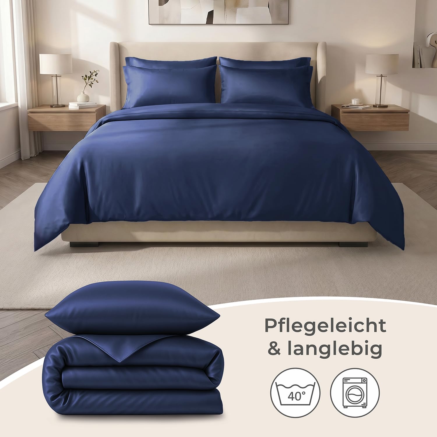 LAYNENBURG Premium Lyocell Bettwäsche in 135x200 + Kissenbezug 80x80 cm - 100% Lyocell Tencel aus u.a Eukalyptus – Oeko-TEX 100 - kühlende Sommer-Bettwäsche mit Reißverschluss (dunkelblau)