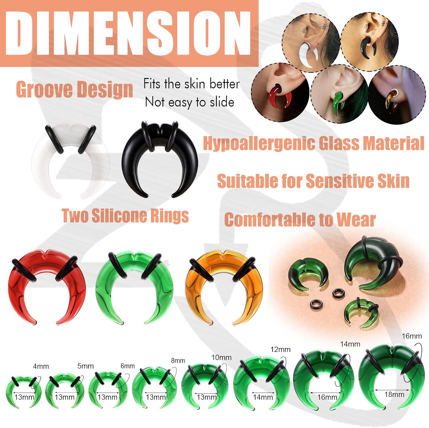 ZS 1 Pair Glass Septum Stretching Kit Set - C Shape Pincher Tapers with O-Rings & Grooved, 6G to 5/8" Buffalo Septum Retainers Rings for Nose Ear Piercing Jewelry - Image 6