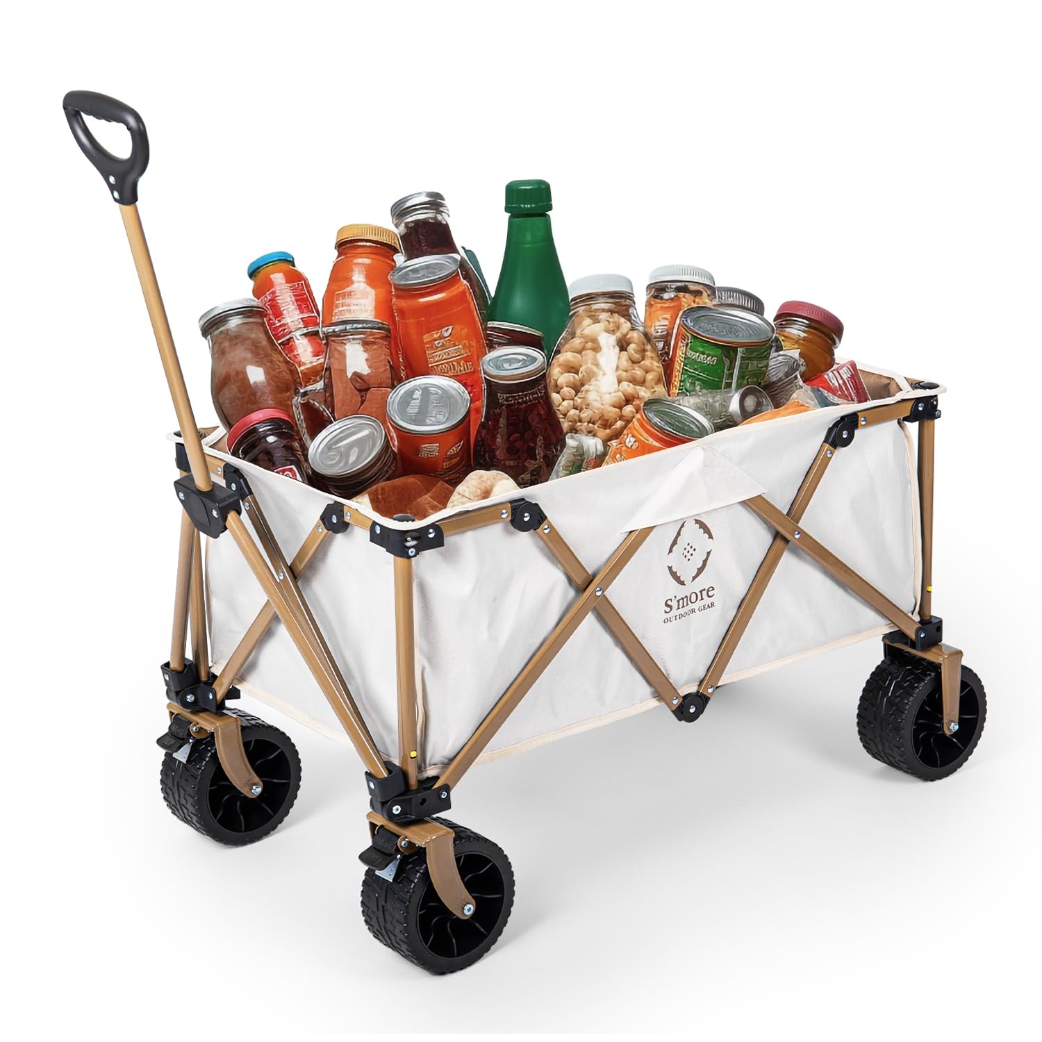 Beige Vouwen Wagon met 150L Grotere Capaciteit, Verwijderbare Grote All-Terrain Wielen met Rem, Camping Trolley Cart Heavy Duty met Verstelbaar Handvat, Opvouwbare Outdoor Wagon voor Tuin Picknick