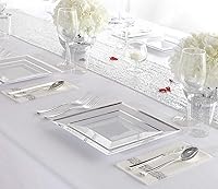 Vista 4 de I00000 150 Pieces Silver Square Dinnerware & Disposable Silverware & Plastic Cups - Includes: 25 Dinner Plates, 25 Dessert Plates, 25 Forks, 25