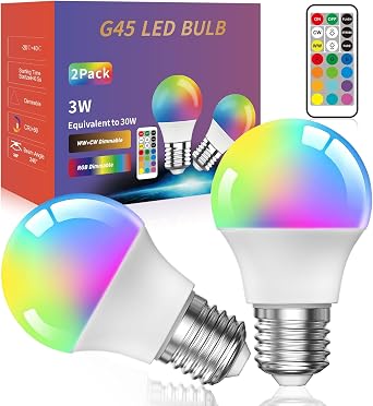 2 Pack Colour Changing Light Bulb 3W G45 E27 Dimmable Multi-Color Edison LED Lamp with Remote Control,RGB+Warm White, 12 Color Choices for Daily Lighting and Mood Lighting [Energy Class A+]
