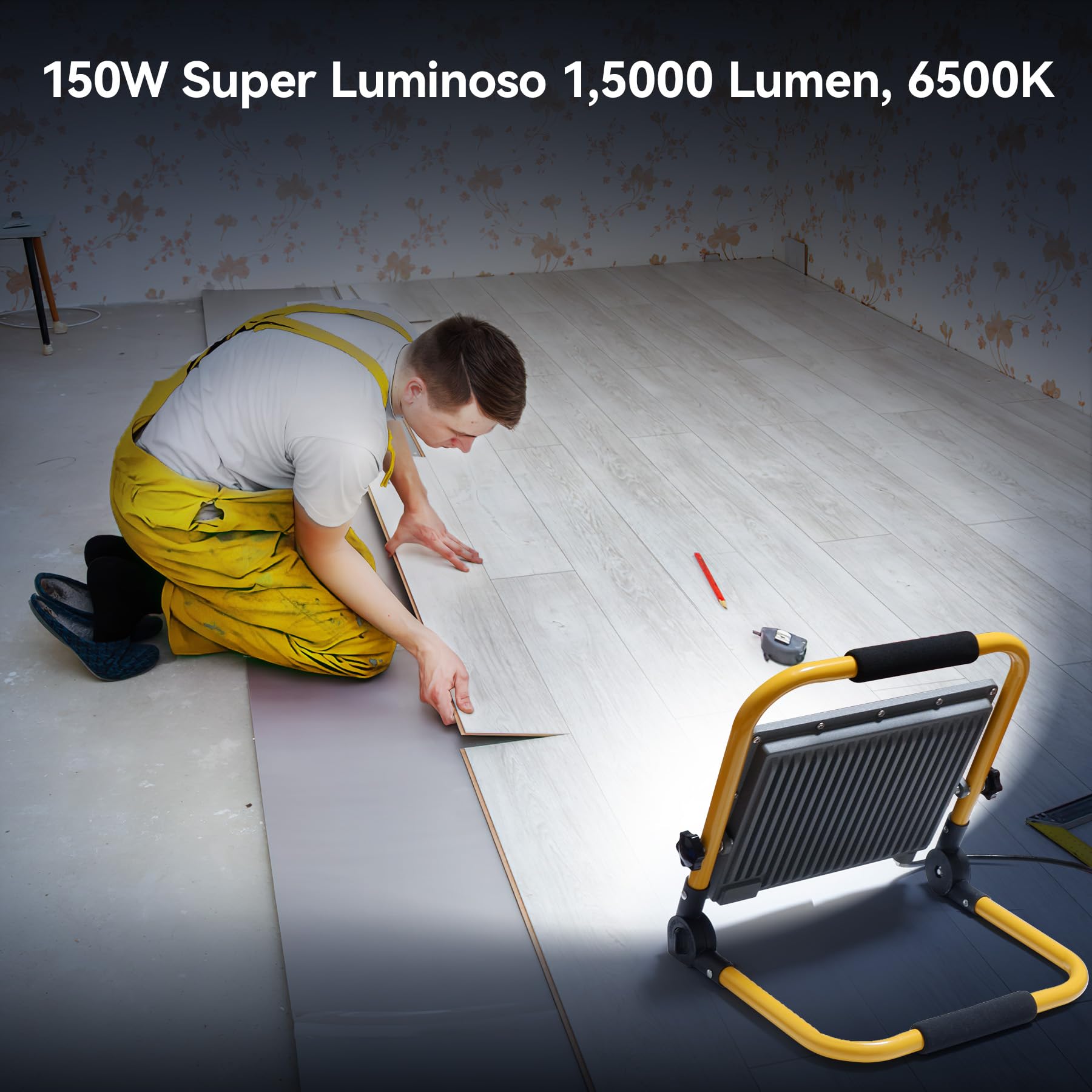 Faretto LED da Cantiere 150W, Portatile Farò LED da Cantiere con Staffa Pieghevole e interruttore impermeabile,4 Metri di Filo,Luce Bianca 6500K,15000 Lumen - Ideale per Edilizia,Officina