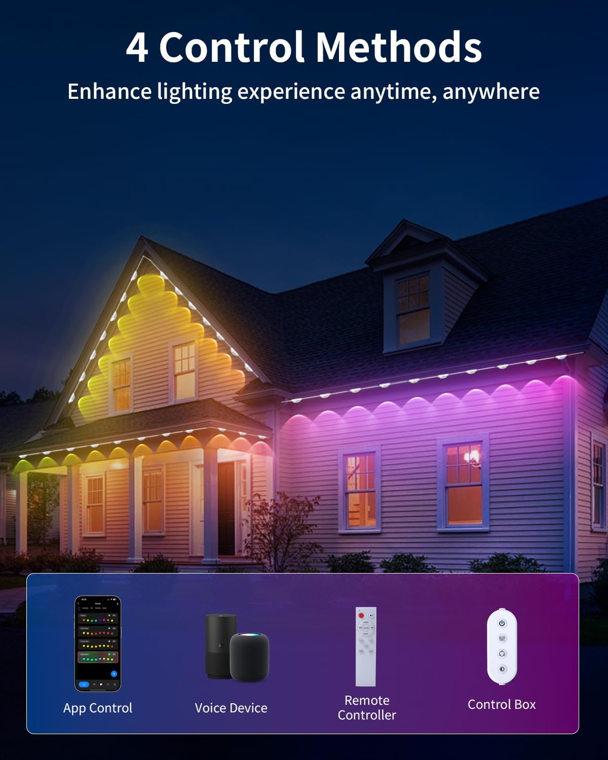 Permanent Outdoor Lights Pro, 150ft with 108 RGBCW 7-in-1 LED Lights, 120° Beam Angle Smart Outdoor Decor with DIY Scene Modes, IP65 Waterproof, Voice Control Light for House Christmas Decorations