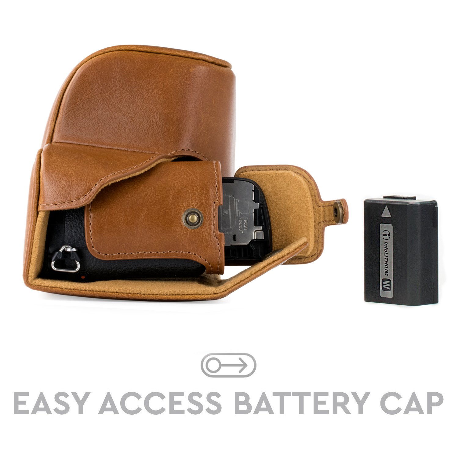 MegaGear MG408 Sony Alpha A6300, A6000 (16-50 mm) Estuche Ever Ready, Funda de cuero, de pronto uso, con correa - Marrón claro