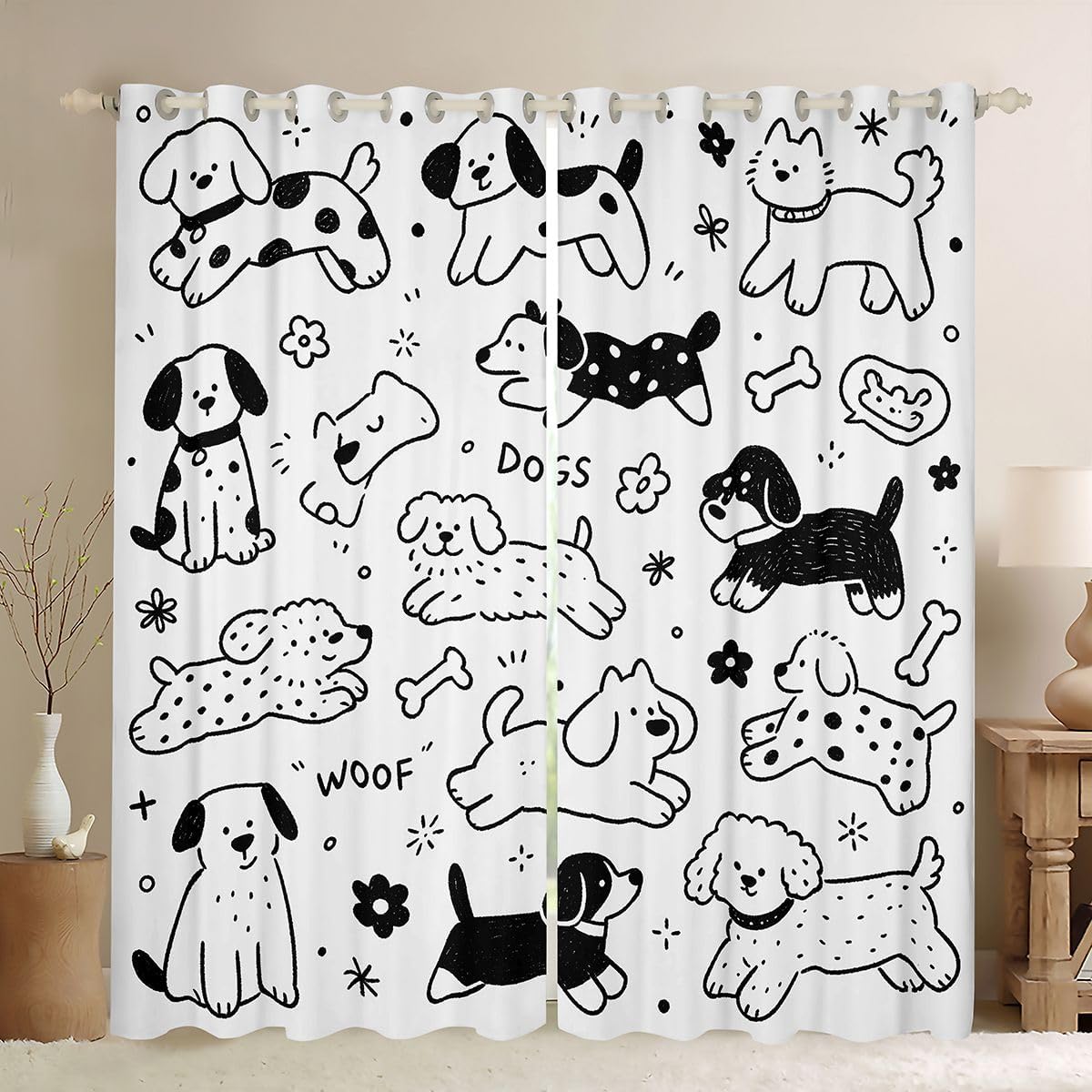 Cute Doggy Happy Window Curtains Flowers Dogs Cat Bone Window Drapes,Stick Figure Window Treatments,Black Simple Kids Boys Girls Room Decor, Grommet Top 2 Panel Set Bedroom Curtains, 42Wx63L inch