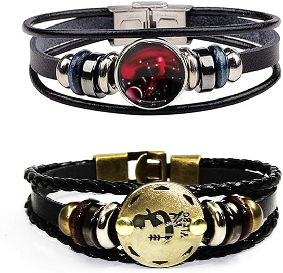 2Pcs Zodiac Bracelets for Women 12 Constellations Multilayer Leather Bracelet Handmade Woven Zodiac Sign Wrap Wristband Cuff Bracelet Zodiac Gifts for Birthday Christmas