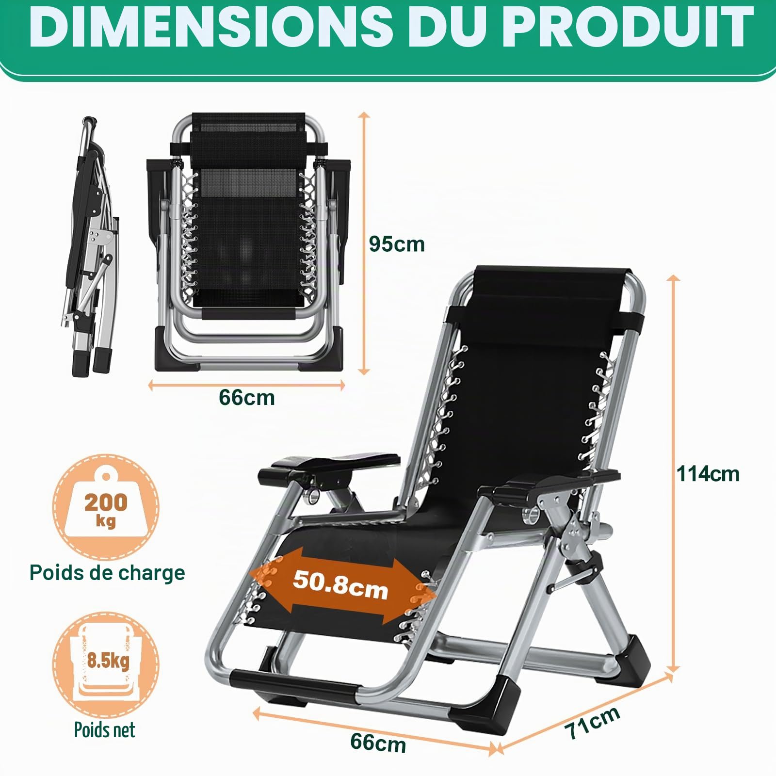 Chaise longue pliable pour le soleil, chaise de terrasse, avec capacité de charge de 200 kg, chaise à gravité zéro avec support de coussin, porte-gobelets, chaise longue de jardin extra-large