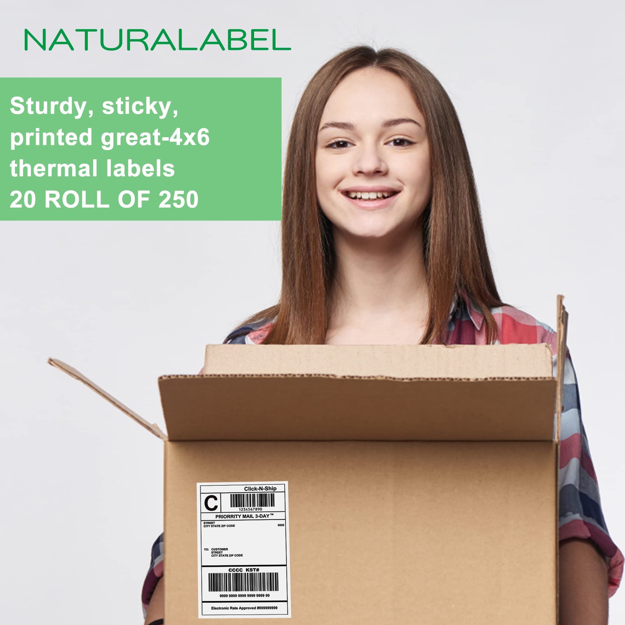 NATURALABEL Lot de 5 000 étiquettes d'expédition thermiques directes pour petites entreprises, avec lignes perforées, compatibles avec Rollo et Zebra (20 rouleaux, 250 étiquettes/rouleau)