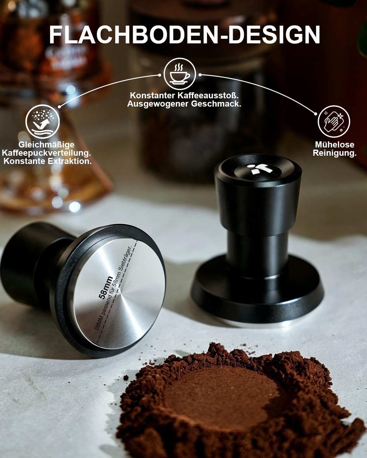 KOFIKOFI Pressino per espresso da 58 mm, fondo piatto, 3 molle, pressione