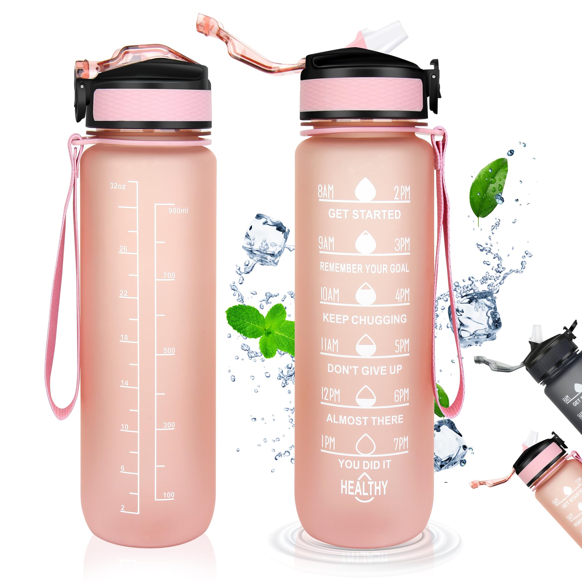 Gofady Water Bottle with Time Marker and Straw, Sports Water Bottles 32 oz/1000ml, BPA Free,Leak Proof, Tritan Plastic, Motivational Large Drinking Bottle for Gym Fitness Hiking (Pink)