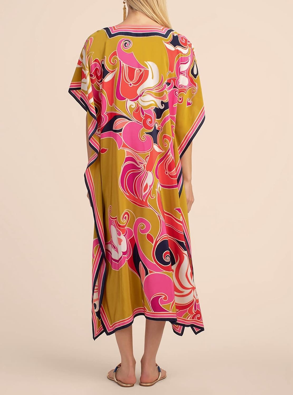 Cashew Flower Silk Caftan Women Vneck beach Cover up Caftans Loose Plus Size Floral Print Side Split Kaftan Dresses - Image 2