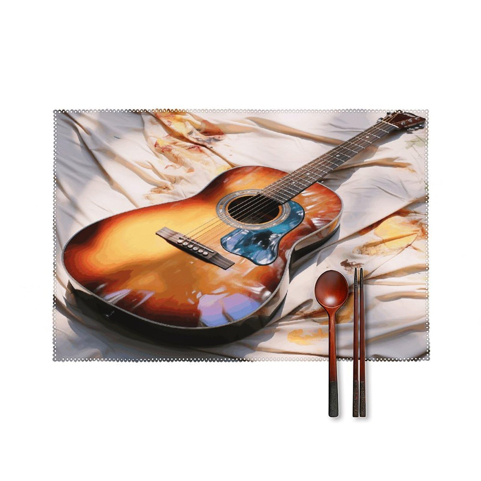 Watercolor Acoustic Guitar Placemats Washable Canvas Place Mats Decoration Placemat for Dining Table Easy to Clean Tables Mat Set of 6 for Kitchen Dining Room Coffee Table
