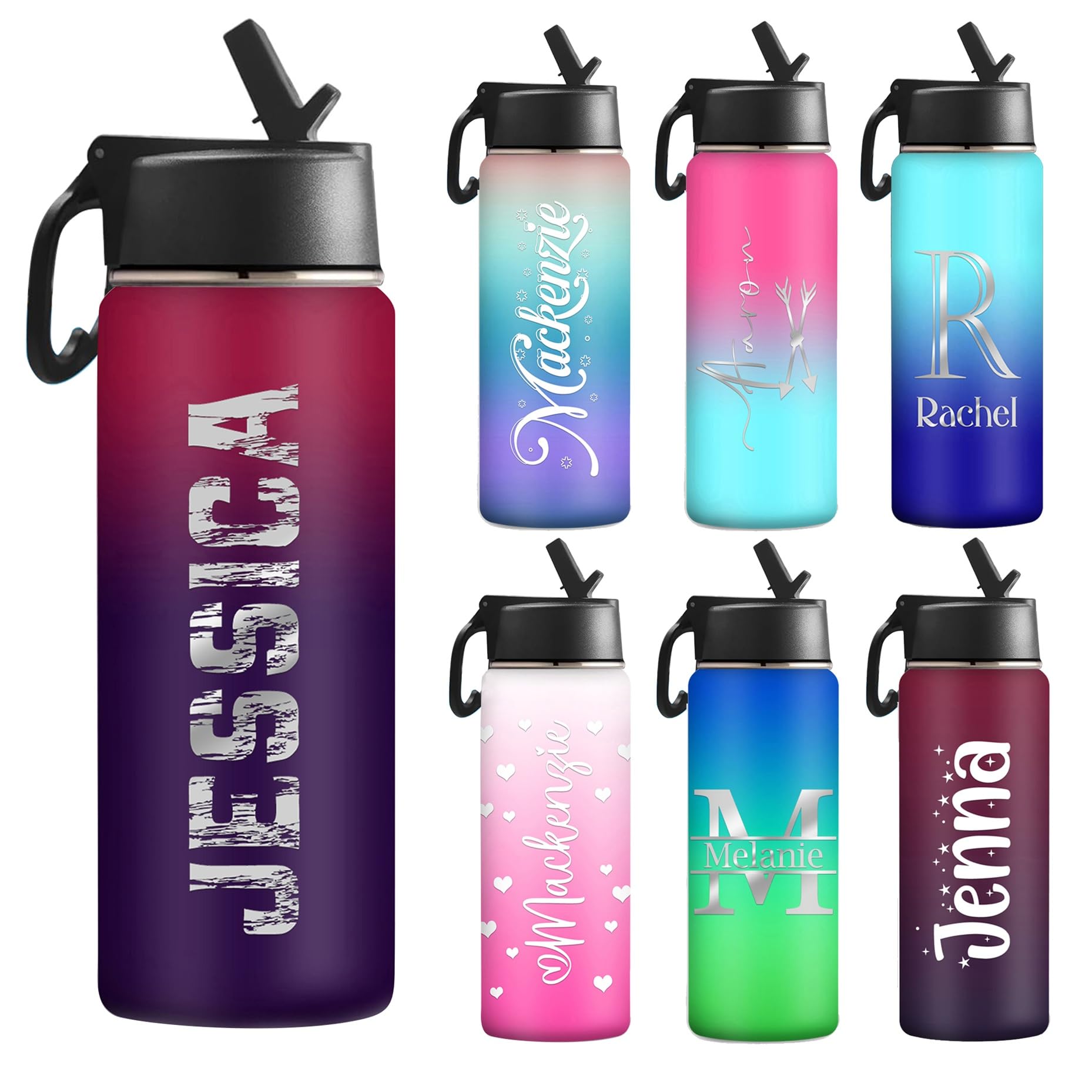 Enjoyyjl Personalized Water Bottles with Straw for Kids, Customized Gradient Color Double Wall Vacuum Stainless Insulated Waterbottle with Name Text