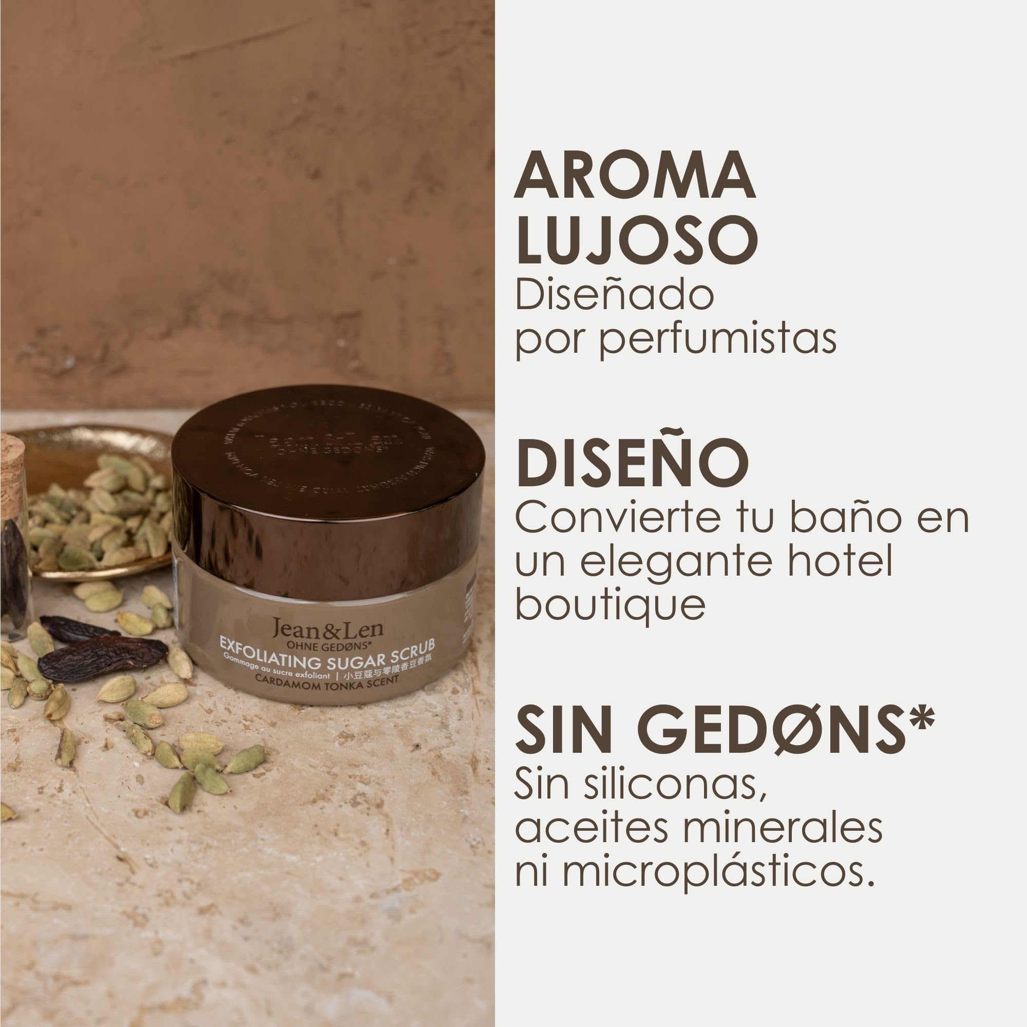 Jean & Len Exfoliating Sugar Scrub Cardamom & Tonka, para una experiencia de limpieza aromática, con aceites nutritivos, bonito tarro, exfoliante de azúcar y aceite sin parabenos ni siliconas, 200 ml