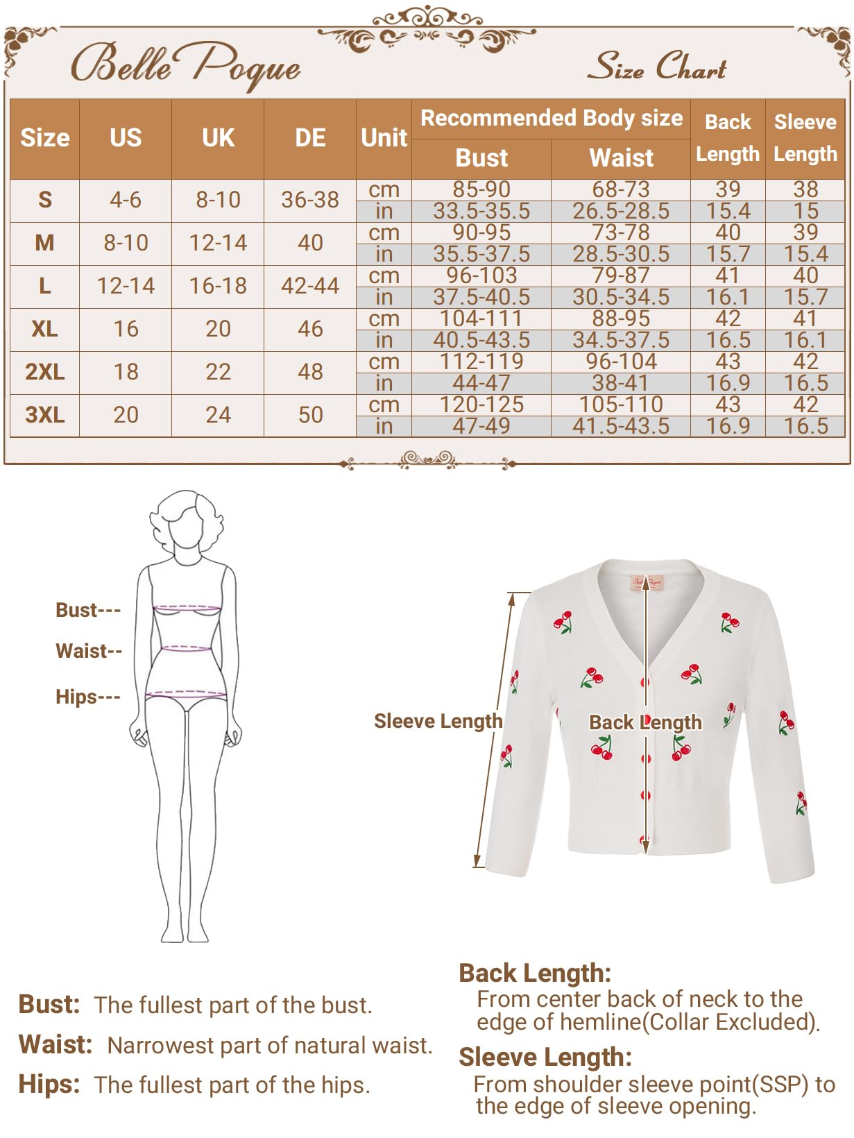 Belle Poque damski sweter w stylu vintage, lata 50. wiśniowy haft, rękaw 3/4, dziergane okrycie wierzchnie, bolero Shrug Cover Up GF609
