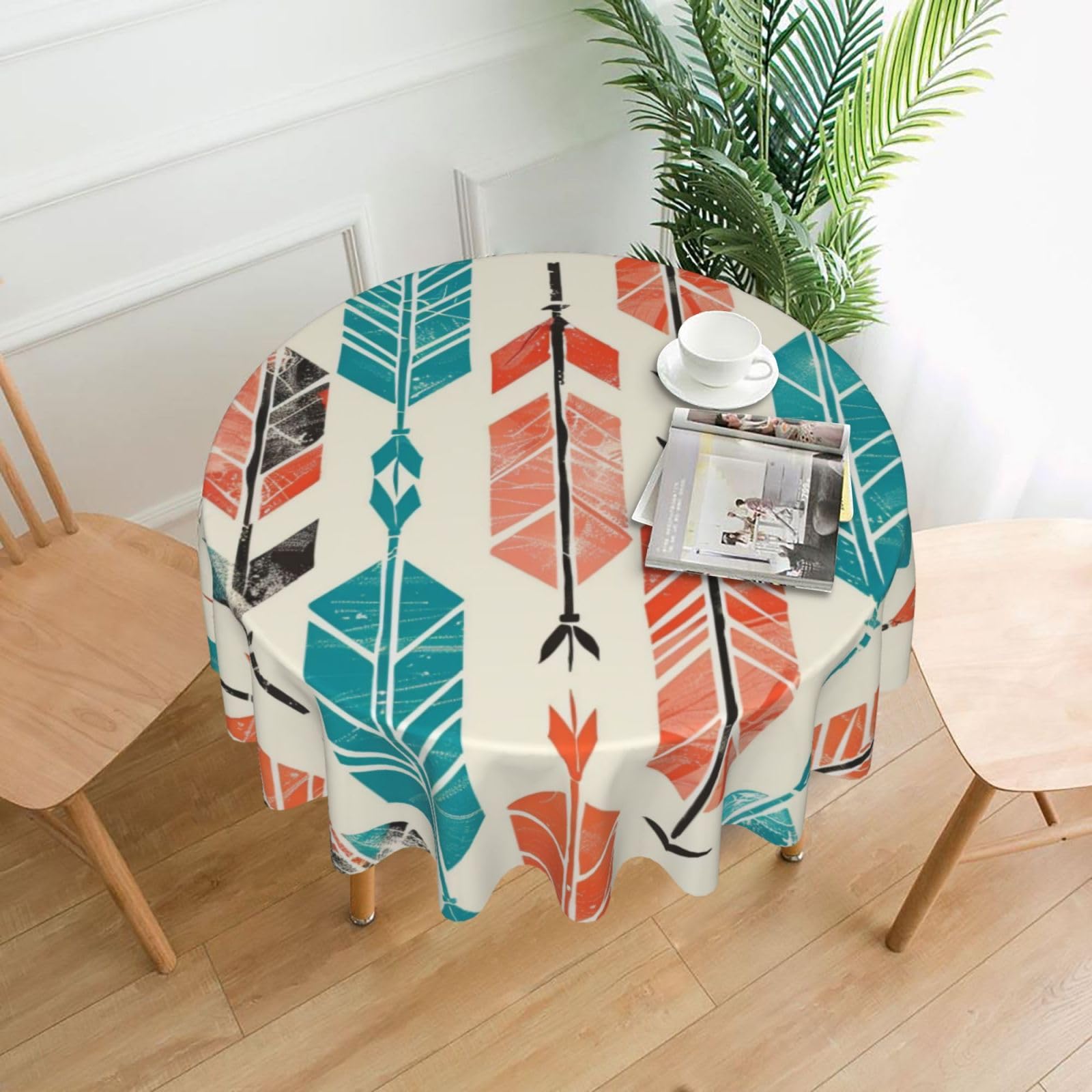 WPKJU Coral and Teal Arrows Printed Round Tablecloth 60 in Water Resistant Table Cover Washable Table Cloth for Dining Tables