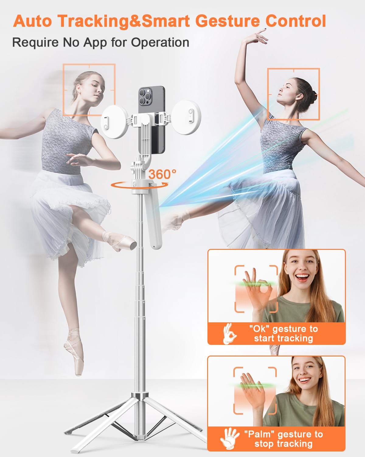 Trépied de suivi de visage automatique de 71 pouces pour iPhone avec lumière