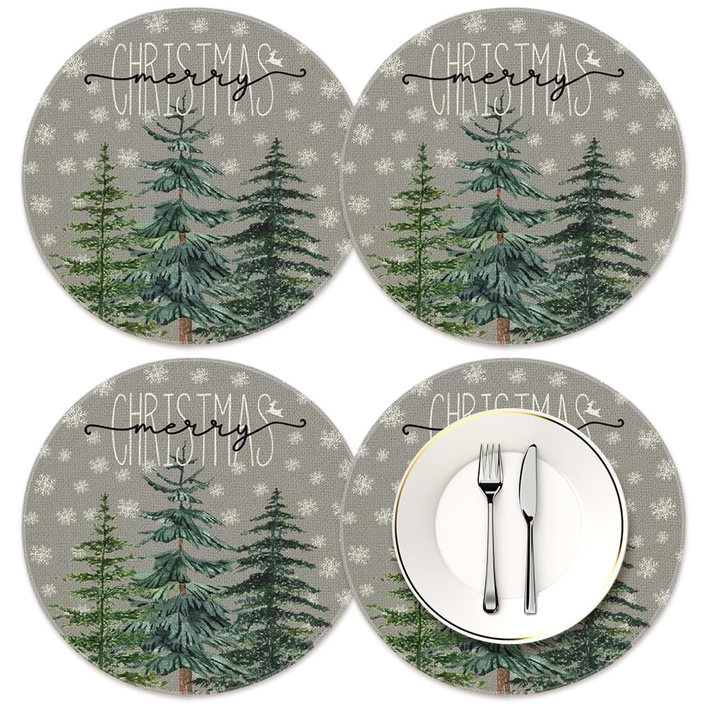 4 Pack Christmas round placemat,Christmas Table Place Mat Set,Christmas Placemats,Linen Placemats Washable Cloth Table Placemats for Kitchen Restaurant Dining Table (C)