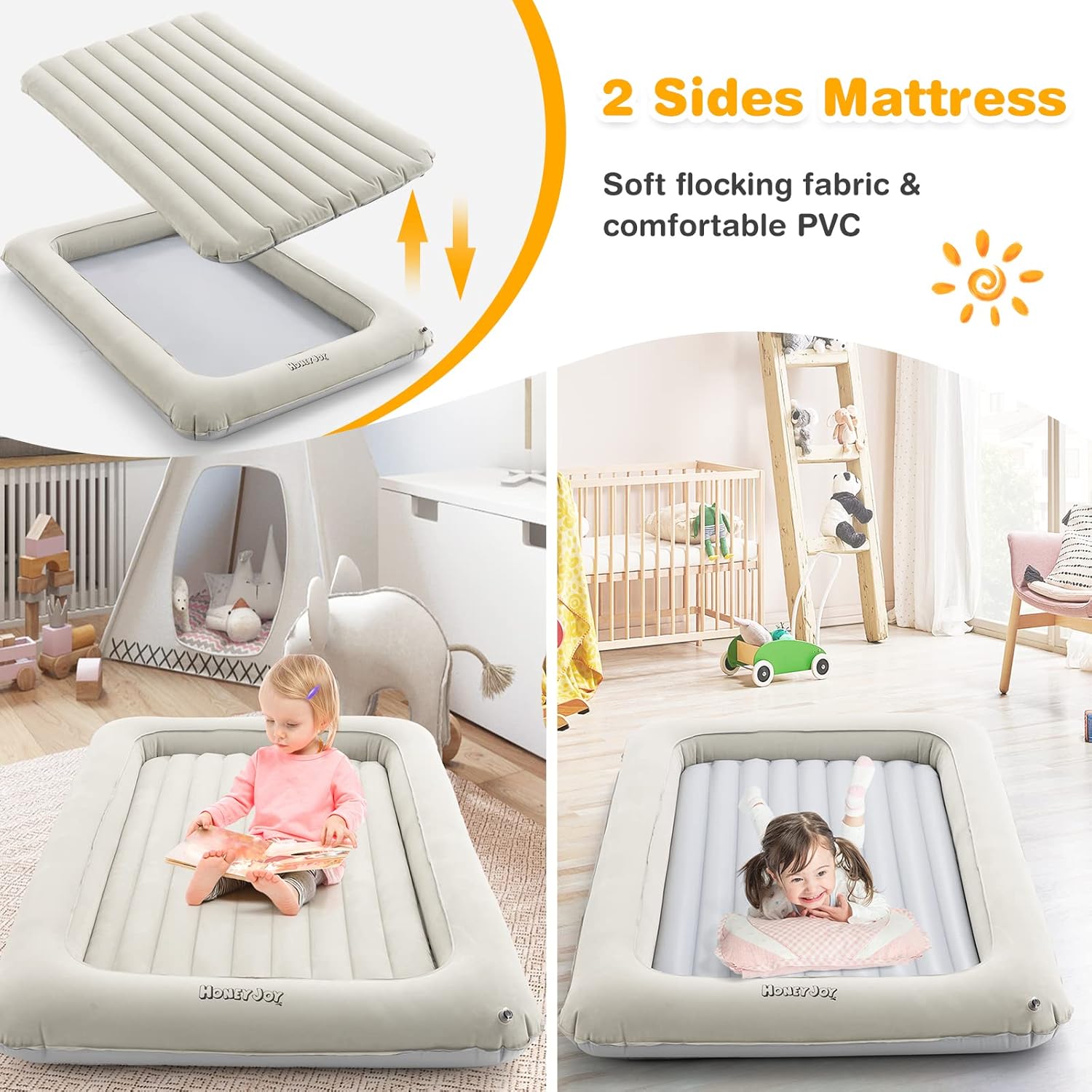 HONEY JOY Inflatable Toddler Travel Bed, Kids Blow Up Air Mattress with Sides, Includes Air Pump, Travel Bag, Repair Kit, Portable Toddler Bed for Travel with Safety Bumpers (Gray)