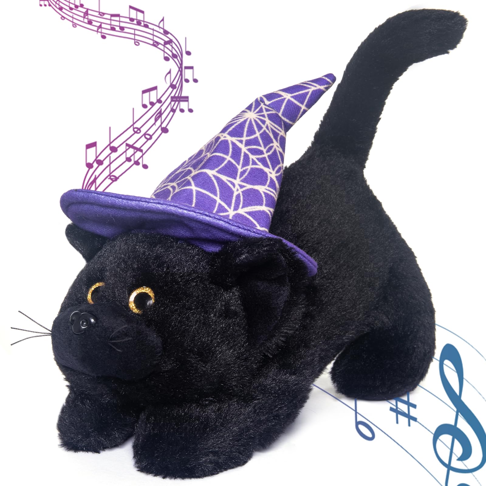 My OLi Halloween Black Cat Plush Toy with Creepy Voice - Cute Lying Cat with Witch Hat - Spooky Halloween Stuffed Animal for Kids, Toddlers for Trick-or-Treaters