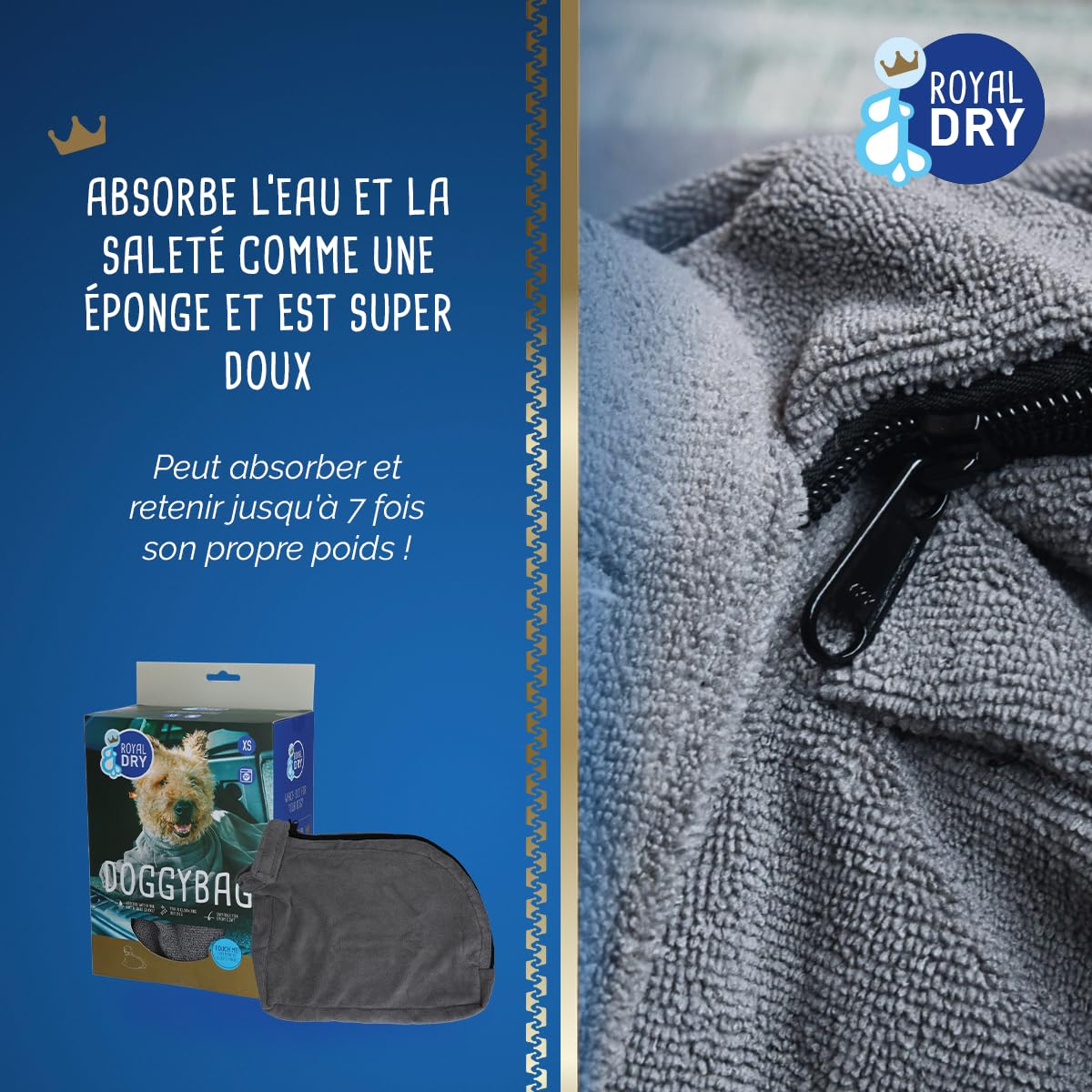 Doggybag – Sac de séchage pour Chien en Microfibre – Taille XS – Longueur de Dos 30 cm – Serviette pour Chien – Ultra Absorbant et à séchage Rapide avec Fermeture Velcro – Gris
