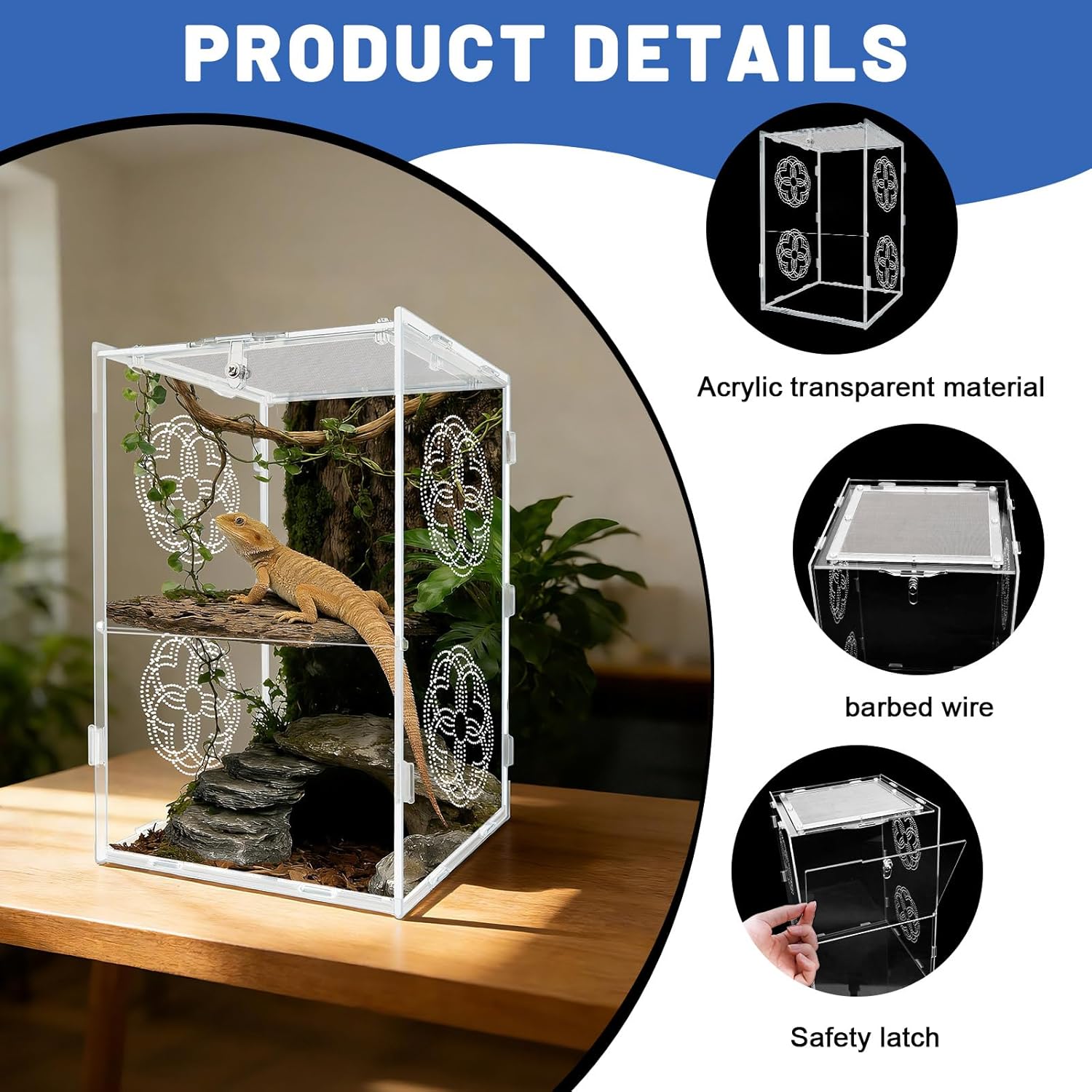 Acrylic Jumping Spider Enclosure with Top Wire Mesh, Versatile Reptile Enclosure for Tarantula, Gecko, Chameleon, Beetle and Mantis, High-Transparency Hermit Crab Tank, Reptile Accessories