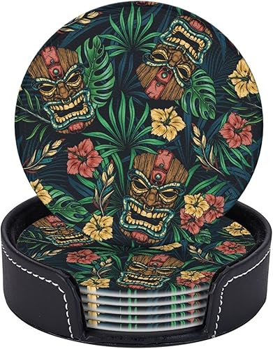 Famame 6 posavasos hawaianos de cuero con hojas tropicales Tiki para bebidas con soporte, juegos de posavasos para mesa de bebidas, posavasos para