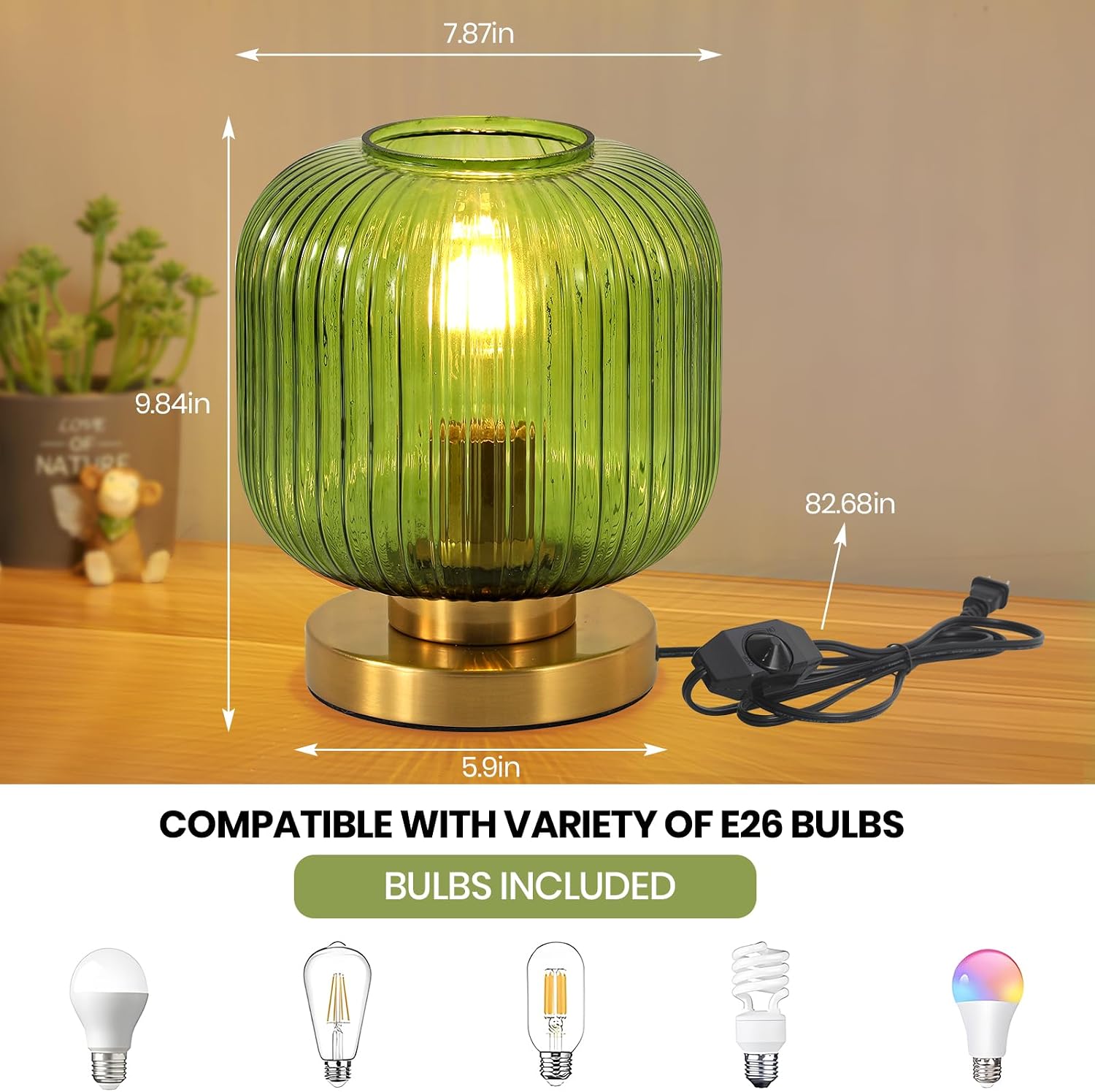 Mid Century Modern Table Lamp Green Table Lamp Dimmable Ribbed Glass Bedside Lamp Modern Globe Desk Lamp Small Vintage Nightstand Lamp with Plug-in Style for Bedroom Living Room Office
