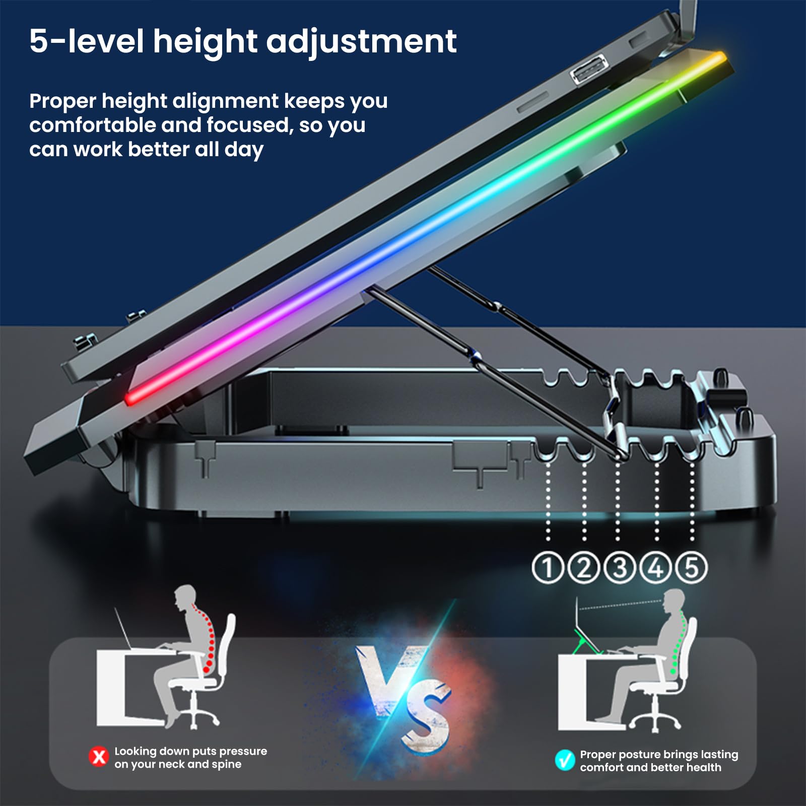 Laptop-Kühlpad mit 8 Kühlventilatoren, Kühlkissen für Gaming-Laptop-Lüfter 30,5-43,9 cm, Laptop-Kühlerständer mit 5 höhenverstellbaren Notebook-Kühler-Pads mit 2 USB-Anschlüssen