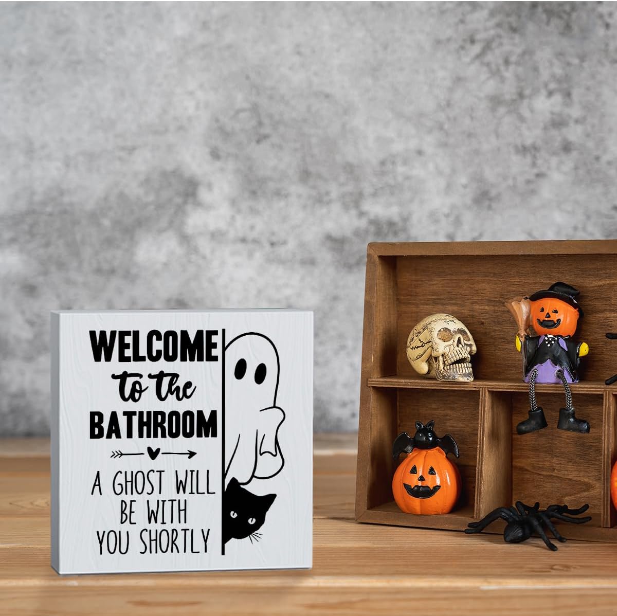 Funny Ghost Black Cat Halloween Bathroom Wooden Box Sign Welcome to the Bathroom Wood Sign Decor for Home Toilet Restroom Shelf Tabletop Desk