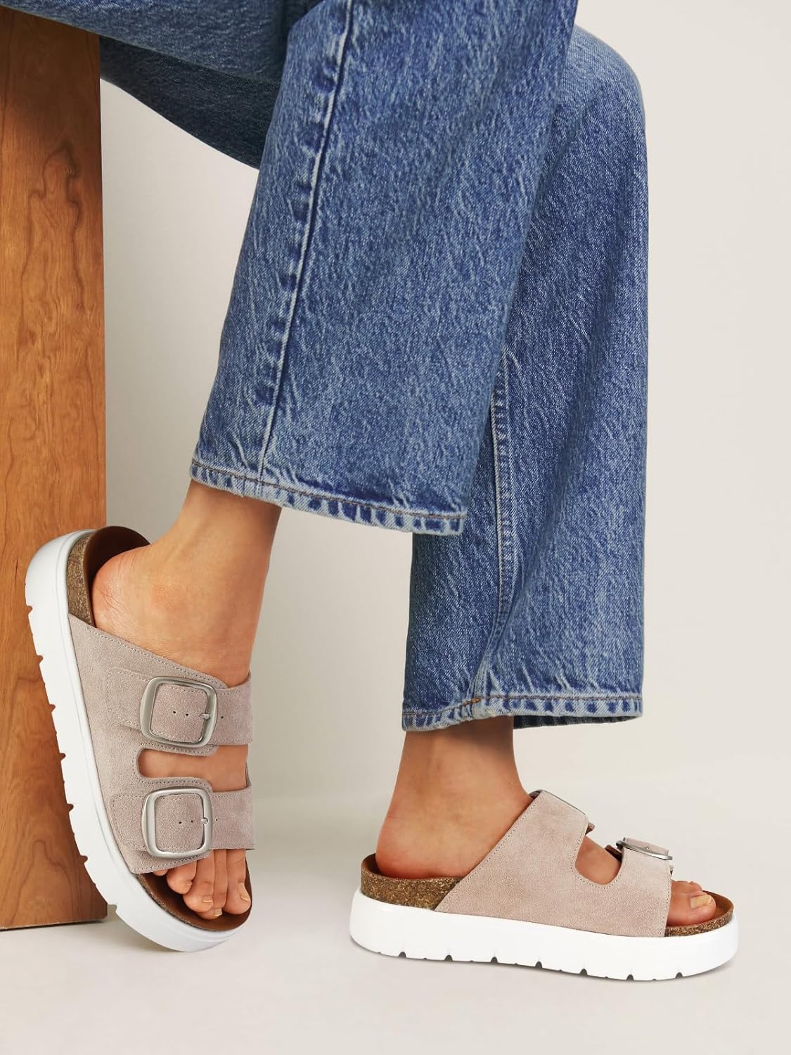 Genuine Leather Platform Sandals for Women Comfortable Summer Beach Slides Sandals with Double Adjustable Buckle 7 Beige Suede image 6 of 7 B0F2HYHL3C