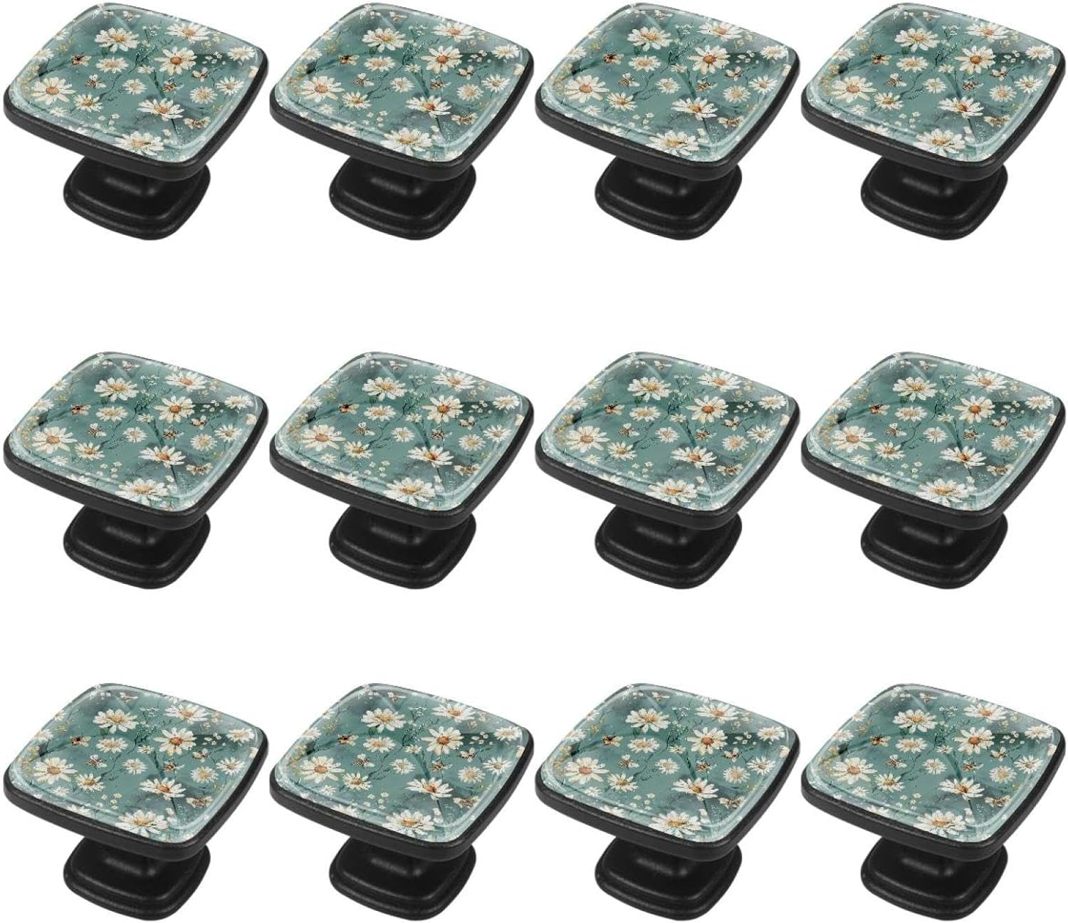 12 Pieces Bees and Daisies Flowers on Green Background Glass Knobs for Dresser Drawers, 1.37 x 1.10 in Square Kitchen Cabinet Pulls for Home Office Nursery Kids Room