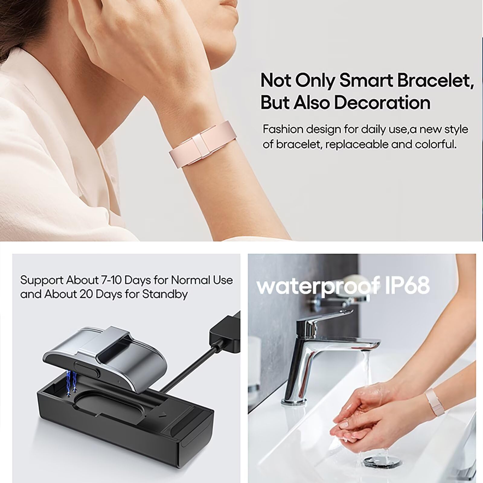 Podómetro pulsera estrecha sin pantalla para mujer y hombre, pulsera inteligente sin aplicación ni teléfono móvil, monitor de sueño, frecuencia cardíaca, fitness, calorías, oro rosa, plata y negro