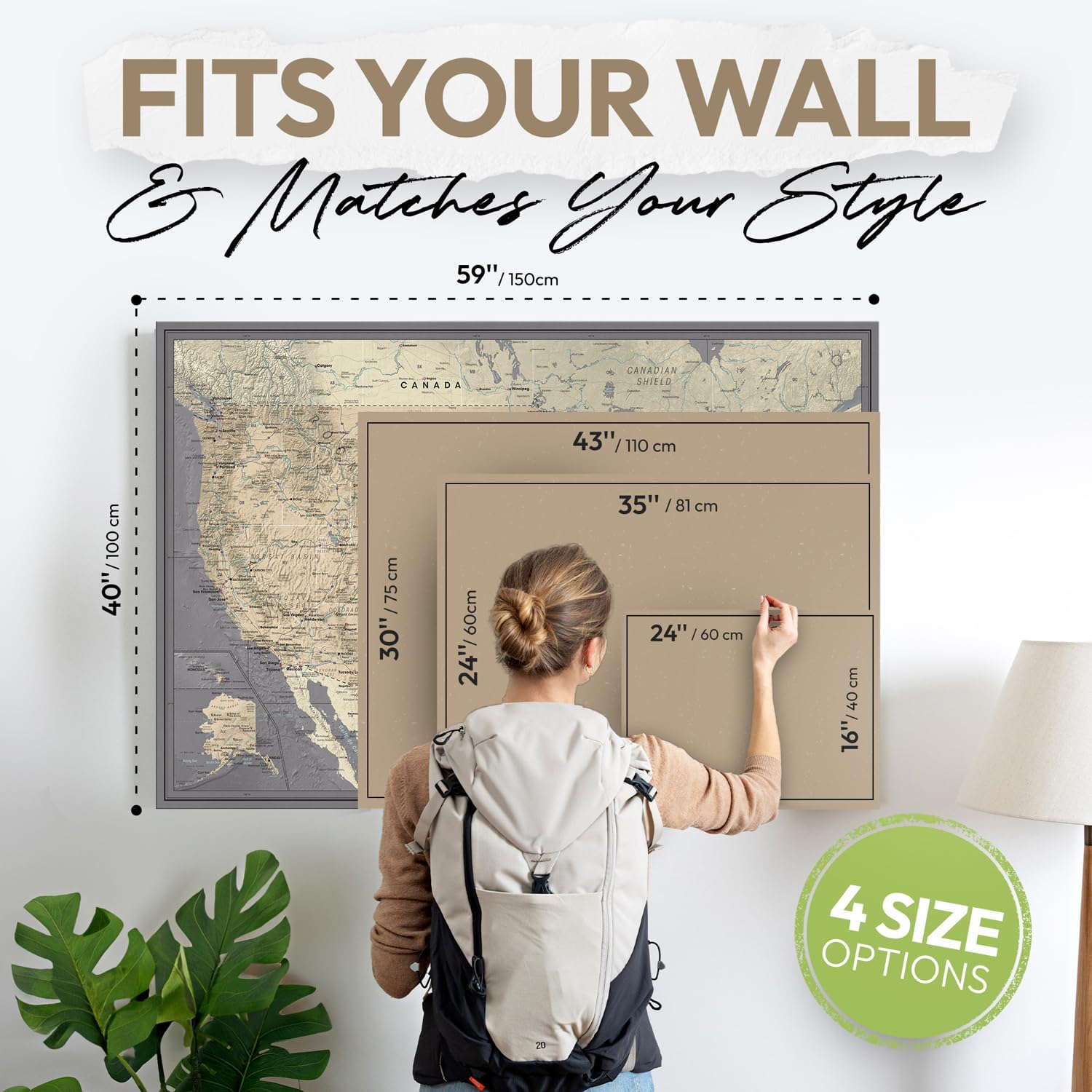 United States Travel Map Pin Board | Detailed USA Wall Map on Canvas | Detailed Cartography (43 x 30)